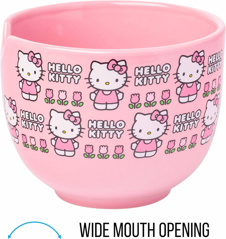Sanrio Hello Kitty Face and Standing Logo Pattern Bowl with Chopsticks 20 Ounces - Fundom