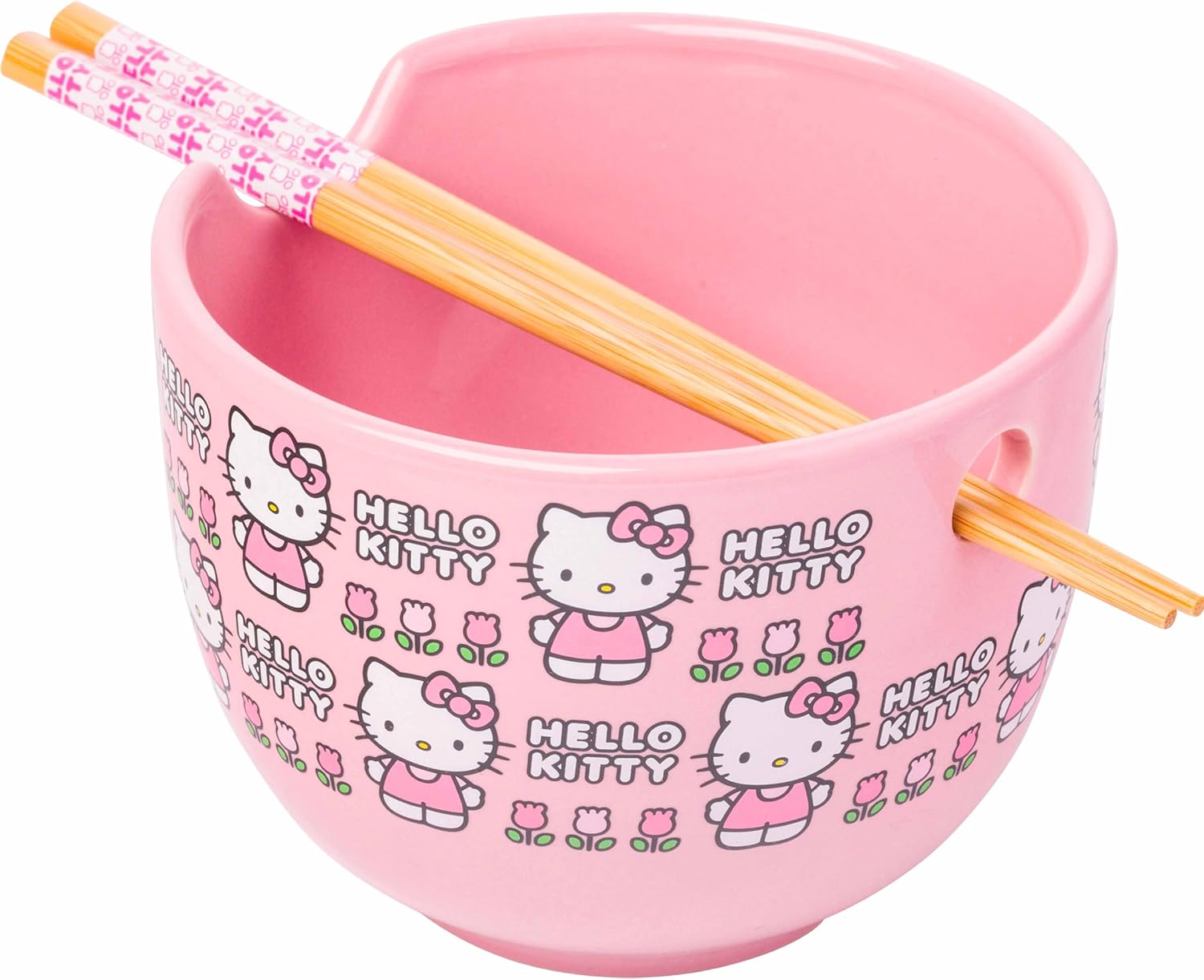 Sanrio Hello Kitty Face and Standing Logo Pattern Bowl with Chopsticks 20 Ounces - Fundom