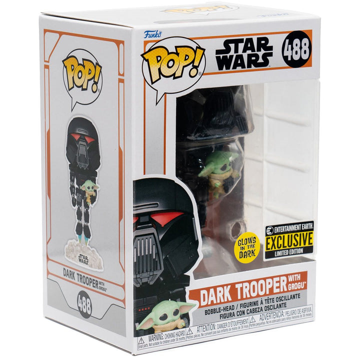 Funko Pop! Star Wars: The Mandalorian Dark Trooper with Grogu Glow-in-the-Dark Entertainment Earth Exclusive Vinyl Figure