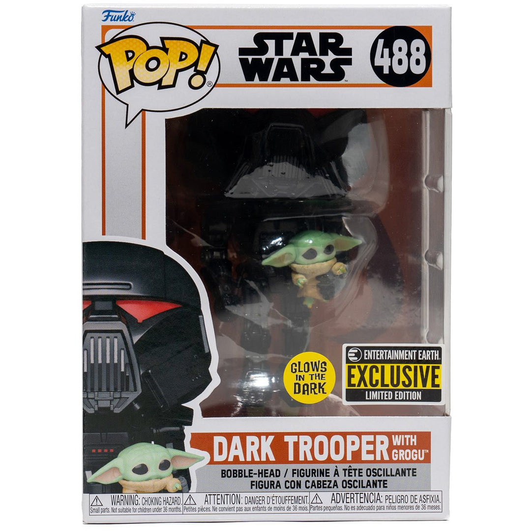 Funko Pop! Star Wars: The Mandalorian Dark Trooper with Grogu Glow-in-the-Dark Entertainment Earth Exclusive Vinyl Figure
