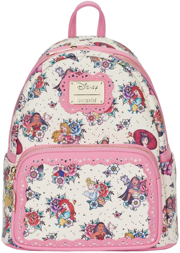 Loungefly Disney Princess Tattoo All Over Print Womens Double Strap Shoulder Bag Purse Backpack